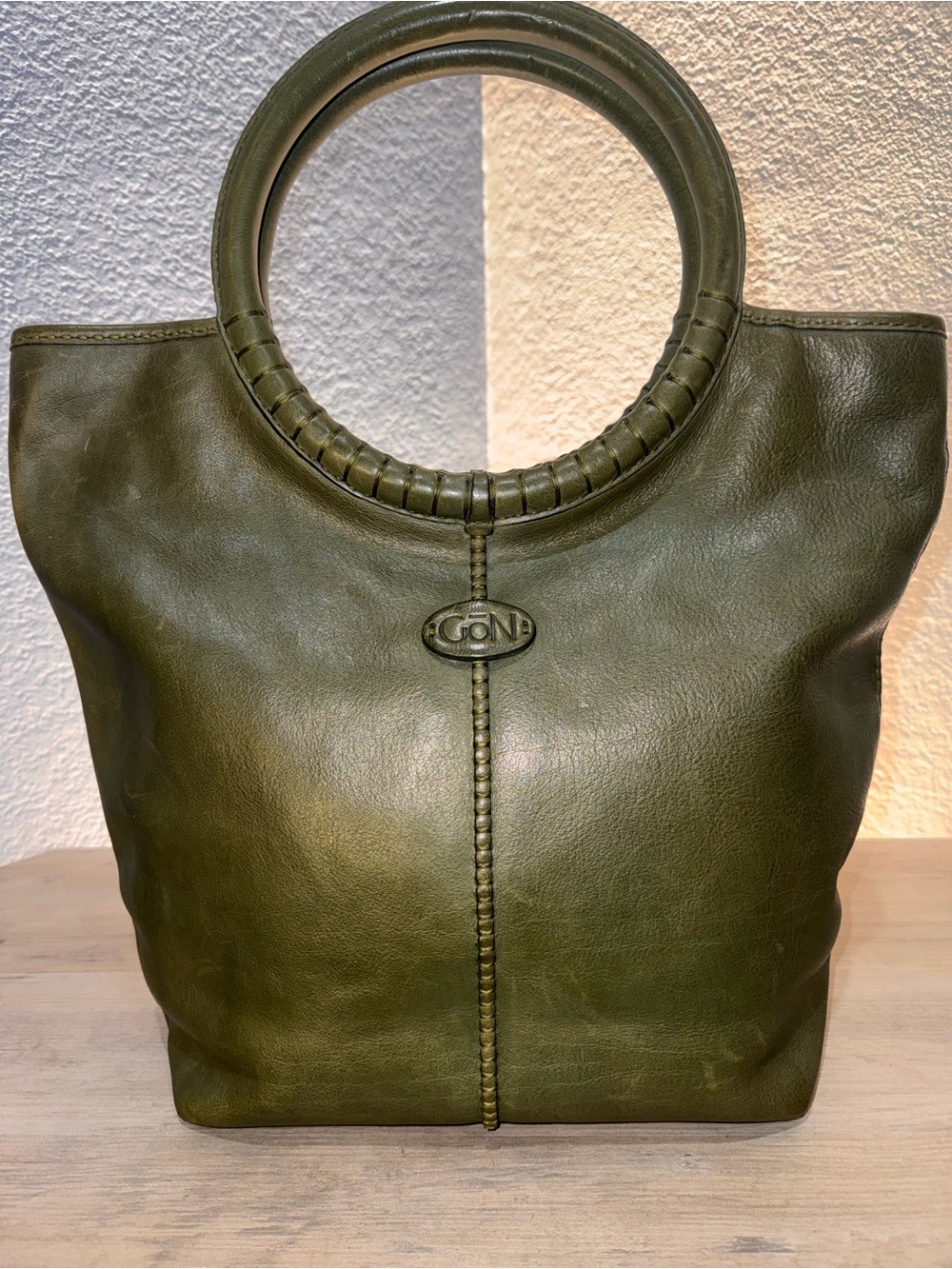 GÖN Turkish Leather Tote Olive Green Round Handle Artisan Handbag Purse